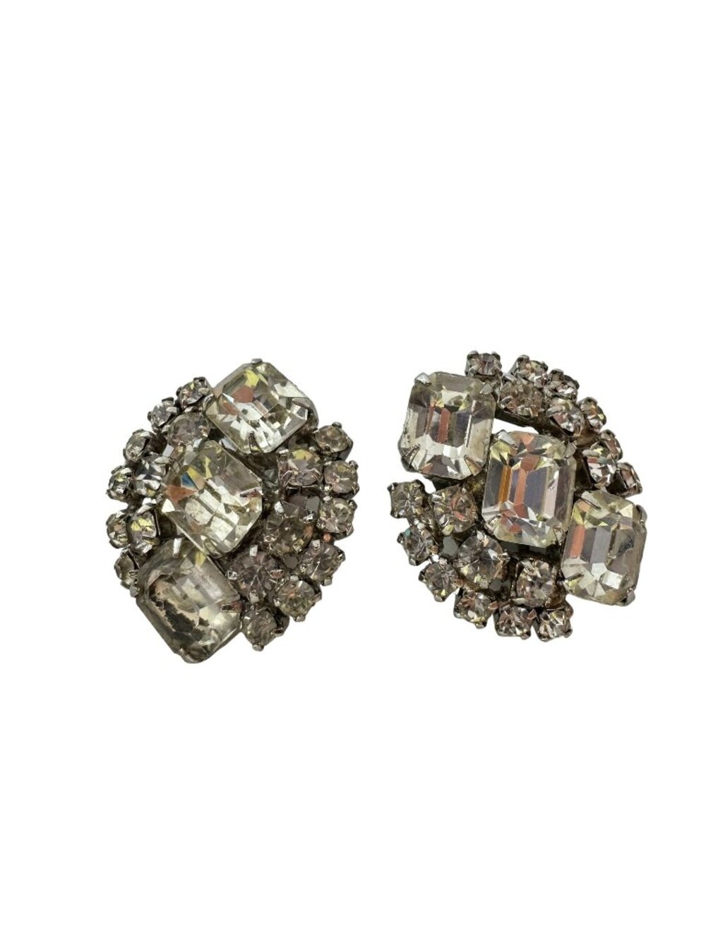 Vintage Clear Rhinestone Clip On Earrings Silver Tone